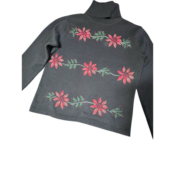Vintage Talbots Christmas Sweater Black Poinsettia Plaid Pullover Cotton Small - Picture 3 of 8